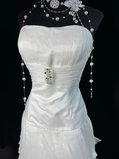 Timeless Women's A Line Strapless Sleeveless White Lace Tiered Long Vintage Fitted 1920s Wedding Dresses AS028