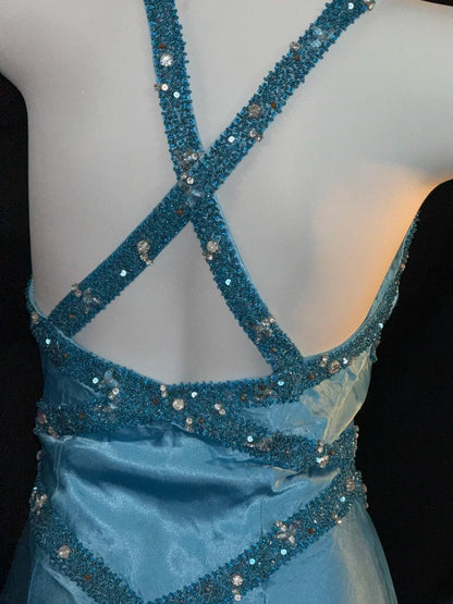 Robes de bal modestes sirène col en V licou en satin bleu avec perles cristaux longues tenues de soirée formelles RB3370