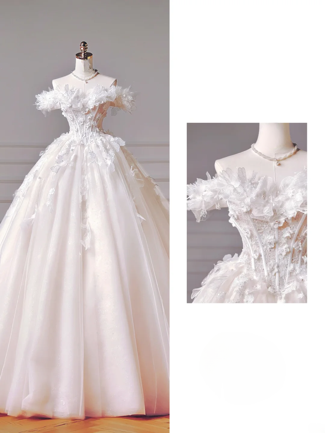 Princess Long Wedding Gowns Ball Gown Off The Shoulder Tulle For Bride With Short Sleeves Lace Bodice Bridal Dress AQ028