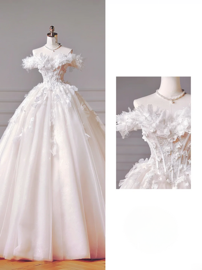 Princess Long Wedding Gowns Ball Gown Off The Shoulder Tulle For Bride With Short Sleeves Lace Bodice Bridal Dress AQ028