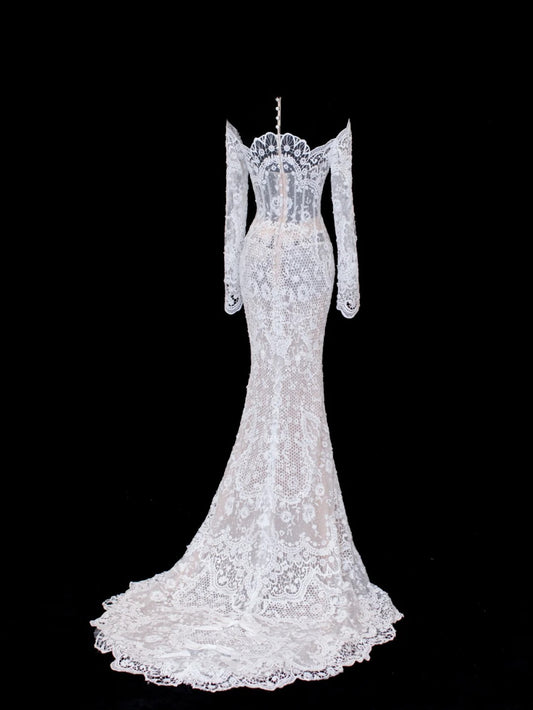 Mermaid Wedding Gowns Dresses Elegant Modest for Bride Off The Shoulder With Sleeves White Petite/Plus Size Bridal Gowns For Women SA028