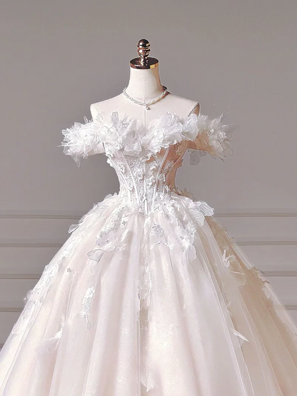 Princess Long Wedding Gowns Ball Gown Off The Shoulder Tulle For Bride With Short Sleeves Lace Bodice Bridal Dress AQ028