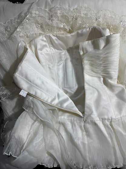 Timeless Women's A Line Strapless Sleeveless White Lace Tiered Long Vintage Fitted 1920s Wedding Dresses AS028