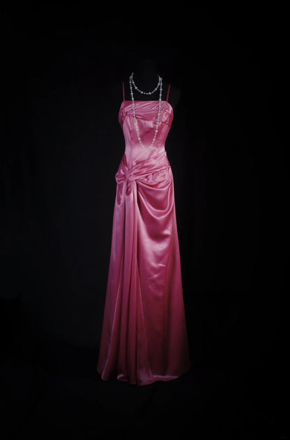 Einfaches Ballkleid für Damen, Spaghettiträger, rosa, A-Linie, lang, formell, für Tanz und Party, AS028