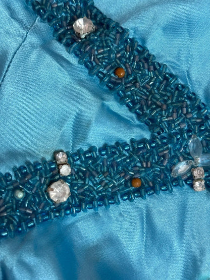 Robes de bal modestes sirène col en V licou en satin bleu avec perles cristaux longues tenues de soirée formelles RB3370