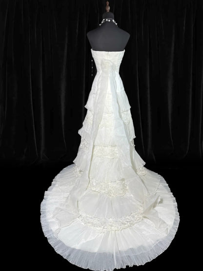 Timeless Women's A Line Strapless Sleeveless White Lace Tiered Long Vintage Fitted 1920s Wedding Dresses AS028