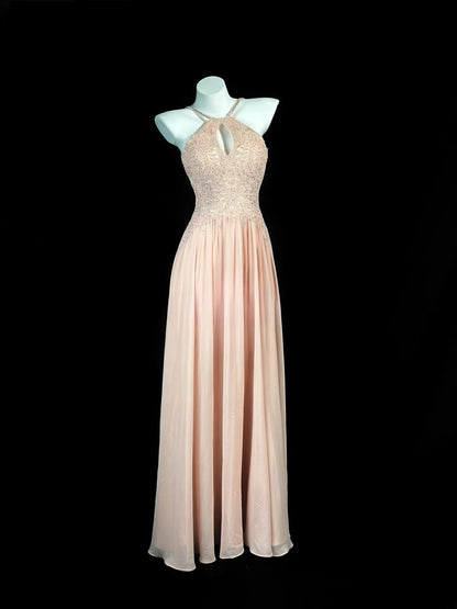 Modest Prom Dresses A line Halter Chiffon Blush Pink With Lace Evening Dress Formal Outfits RB5838