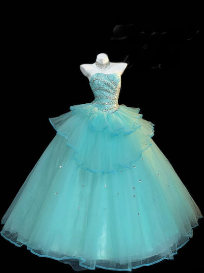Jolie robe de bal bustier en tulle bleu avec perles argentées, robe longue de Quinceanera, robe de 15 ans Cendrillon RB3371