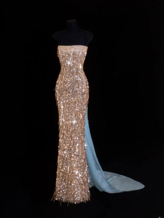 Preiswertes, paillettenbesetztes, trägerloses Meerjungfrauenkleid im Stil der 1950er Jahre in Champagner mit Perlenbesatz – ein beeindruckendes langes Abendkleid für Ball und Party (SA029).