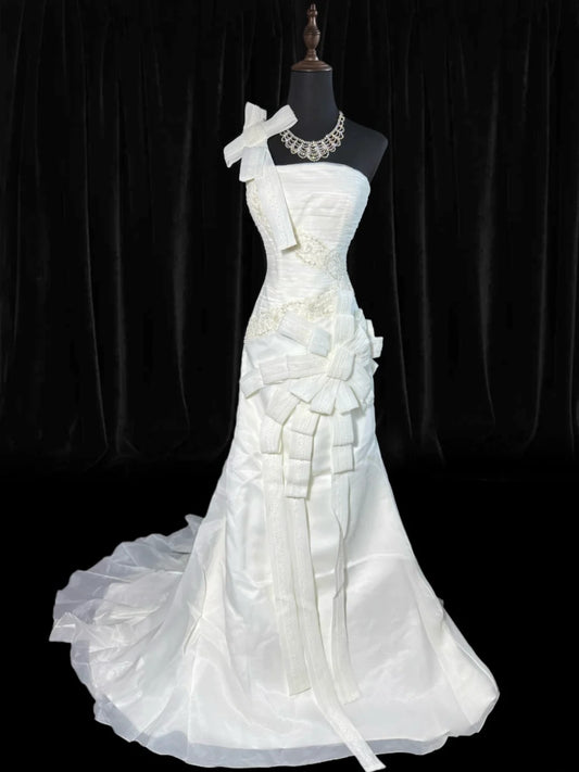 Vintage Wedding Gowns 1960s Dresses Simple Mermaid One Shoulder Style for Bride With Bow-knot Train White Petite/Plus Size Bridal Gown AS029