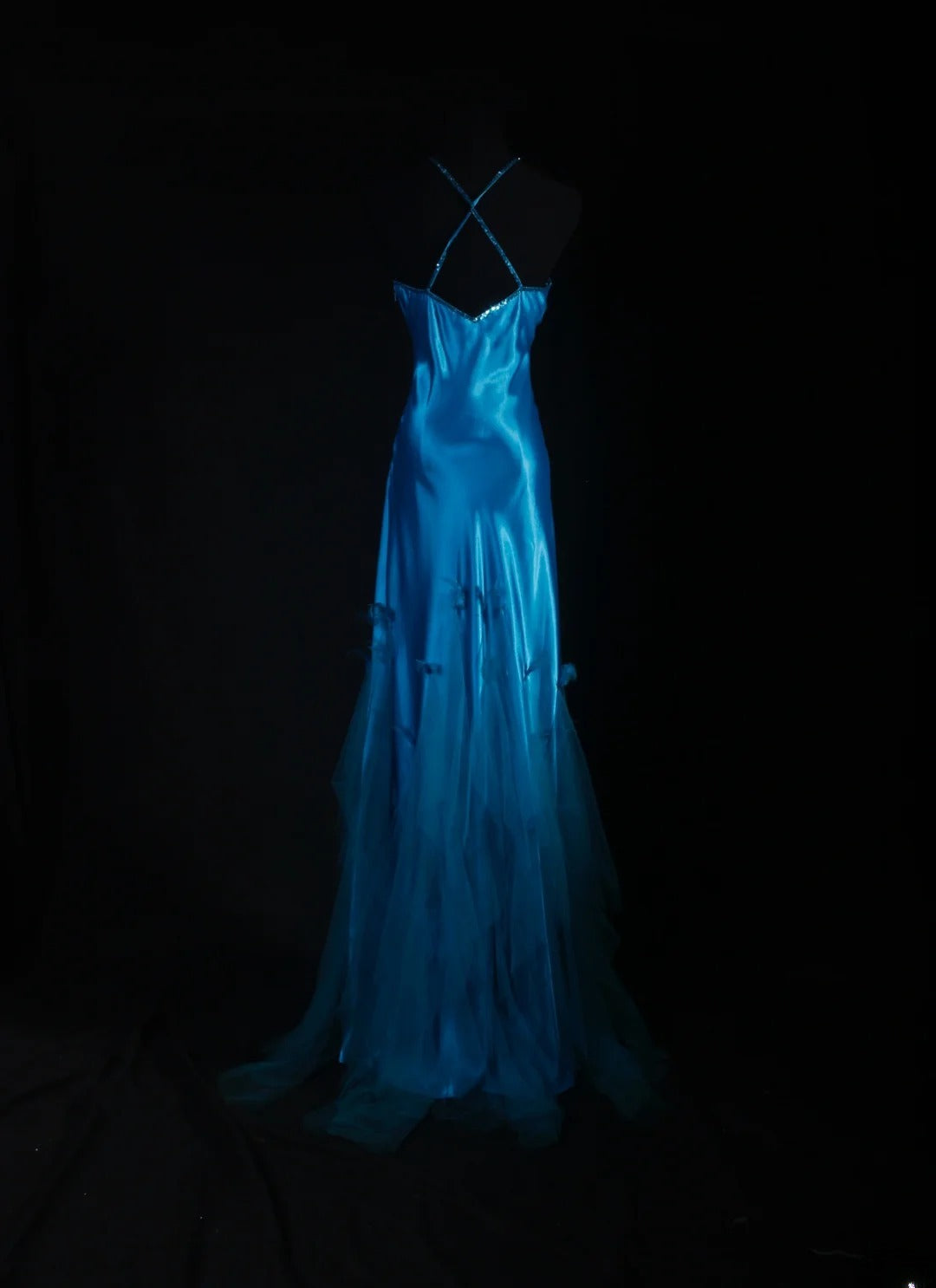 Robe de bal vintage années 90 pour femme, sirène dos nu, bleue longue, robe de soirée formelle AS029