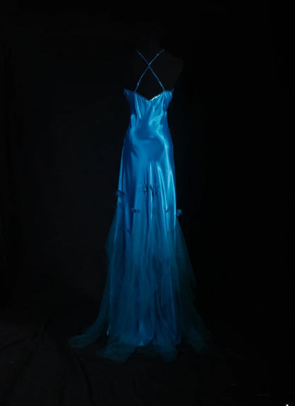 Robe de bal vintage années 90 pour femme, sirène dos nu, bleue longue, robe de soirée formelle AS029