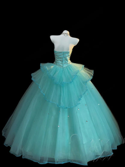 Jolie robe de bal bustier en tulle bleu avec perles argentées, robe longue de Quinceanera, robe de 15 ans Cendrillon RB3371