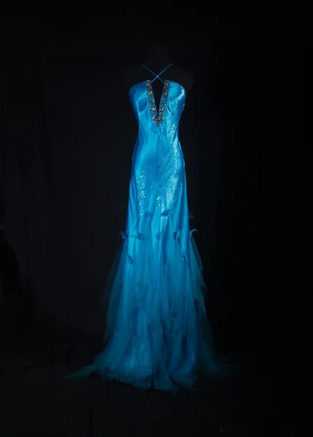Robe de bal vintage années 90 pour femme, sirène dos nu, bleue longue, robe de soirée formelle AS029