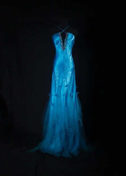 Robe de bal vintage années 90 pour femme, sirène dos nu, bleue longue, robe de soirée formelle AS029