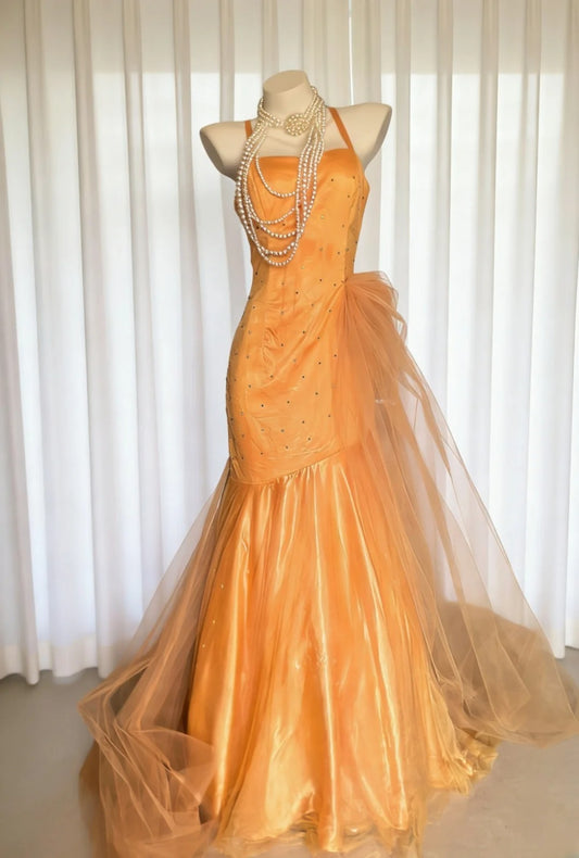 Robe de bal longue sirène vintage années 90 en tulle orange à fines bretelles, idéale pour un 21e anniversaire (AS029)