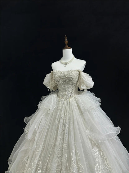 Fairy-tale Ball Gown Square Neck With Half Sleeves With Pearls Sequined Long Brides Gown Bridal Dress Wedding Dresses Style RB7400