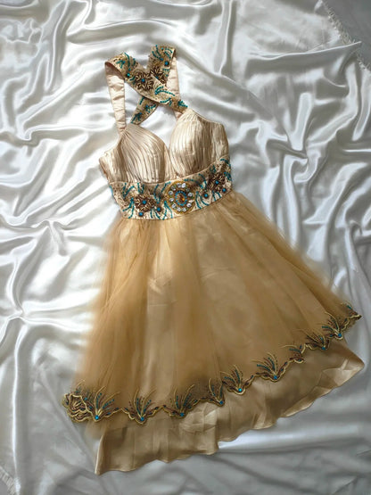 Robe de bal vintage trapèze en tulle champagne à col en V, courte, idéale pour un 16e anniversaire, un bal de promo ou une soirée cocktail (AS029)