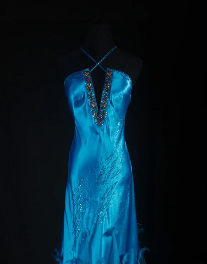 Robe de bal vintage années 90 pour femme, sirène dos nu, bleue longue, robe de soirée formelle AS029