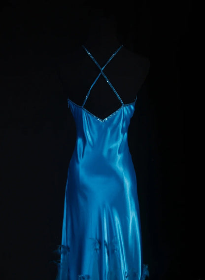 Robe de bal vintage années 90 pour femme, sirène dos nu, bleue longue, robe de soirée formelle AS029