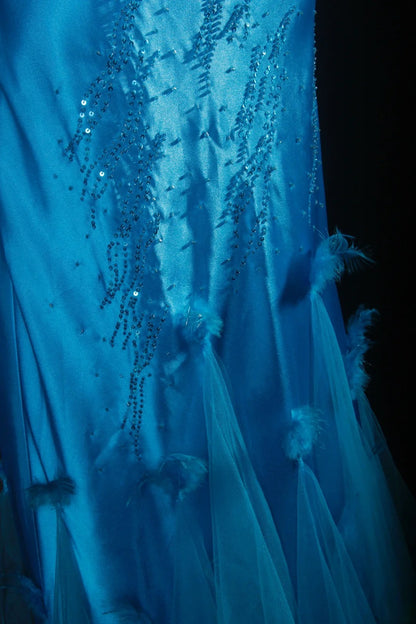 Robe de bal vintage années 90 pour femme, sirène dos nu, bleue longue, robe de soirée formelle AS029