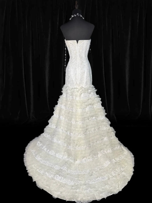 Elegant Mermaid Strapless Sleeveless White Lace Tiered Long Vintage Fitted 1920s Wedding Dresses AS030