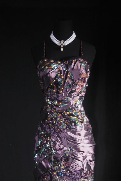 Vintage 90s Prom Dresses Women Mermaid Spaghetti Straps Dusty Grape Taffeta Long Formal Dance Evening Party Gowns AS030