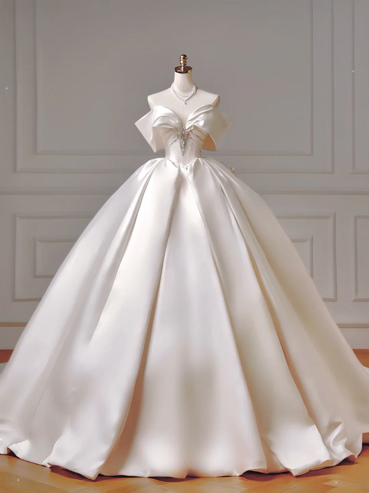 Princess Long Wedding Gowns Ball Gown Off The Shoulder Satin For Bride With Short Sleeves Bridal Dresses AQ030