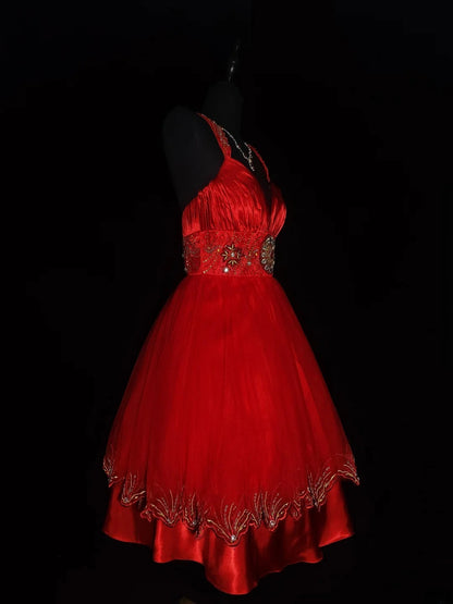 Vintage Ballkleid mit Herzausschnitt, rotes Tüllkleid, kurzes Kleid für den 16. Geburtstag, Homecoming-Kleid, Cocktailkleid AS030