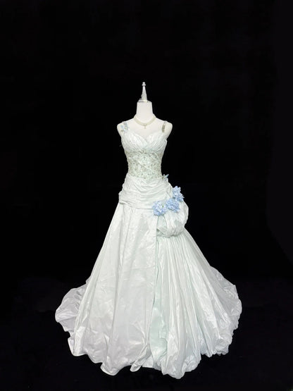 Vintage Mermaid Spaghetti Strap White Taffeta With Beading Long Brides Gown Bridal Dress Wedding Dresses Style RB7401
