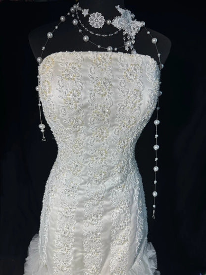 Robe de mariée sirène élégante, sans bretelles, en dentelle blanche à volants, longue et cintrée, style vintage années 1920 AS030