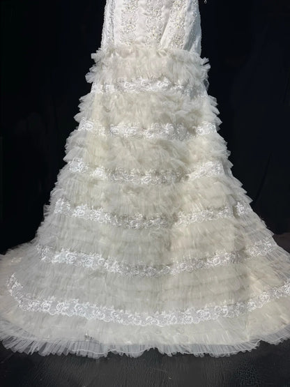 Robe de mariée sirène élégante, sans bretelles, en dentelle blanche à volants, longue et cintrée, style vintage années 1920 AS030