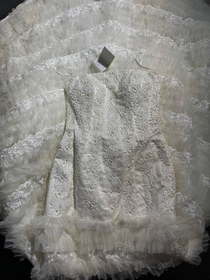 Robe de mariée sirène élégante, sans bretelles, en dentelle blanche à volants, longue et cintrée, style vintage années 1920 AS030