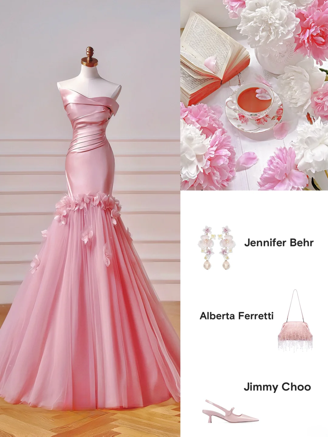 Elegantes, ästhetisches Meerjungfrauen-Kleid, trägerlos, rosa mit plissierten Blumen – Inspiration für ein beeindruckendes, langes, formelles Partykleid für Teenager und Gymnasien (AQ031)