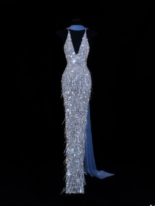 Preiswertes, paillettenbesetztes, formelles Meerjungfrauenkleid im Stil der 1950er Jahre mit V-Ausschnitt und Neckholder in Blau und Perlen – ein beeindruckendes langes Ballkleid oder Abendkleid für Partys und festliche Anlässe (SA031).