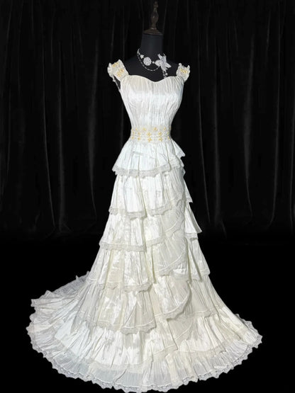 Timeless Women's A Line Strapless Sleeveless White Lace Tiered Satin Long Vintage Fitted 1920s Wedding Dresses AS031