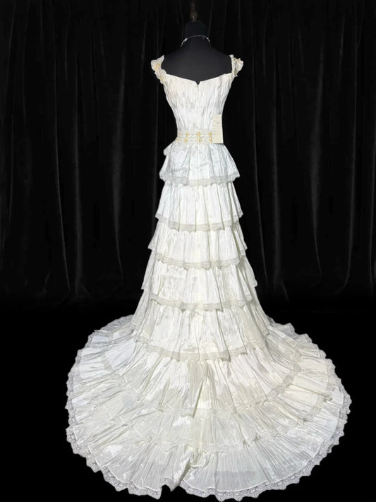 Timeless Women's A Line Strapless Sleeveless White Lace Tiered Satin Long Vintage Fitted 1920s Wedding Dresses AS031