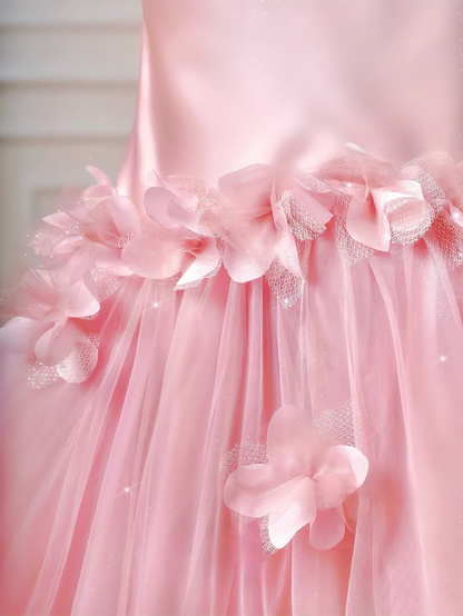 Elegantes, ästhetisches Meerjungfrauen-Kleid, trägerlos, rosa mit plissierten Blumen – Inspiration für ein beeindruckendes, langes, formelles Partykleid für Teenager und Gymnasien (AQ031)