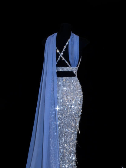 Affordable Sequin 1950s Formal Mermaid V Neck Halter Blue With Beads Style Impress Long Prom Dresses Party Formal Gowns SA031