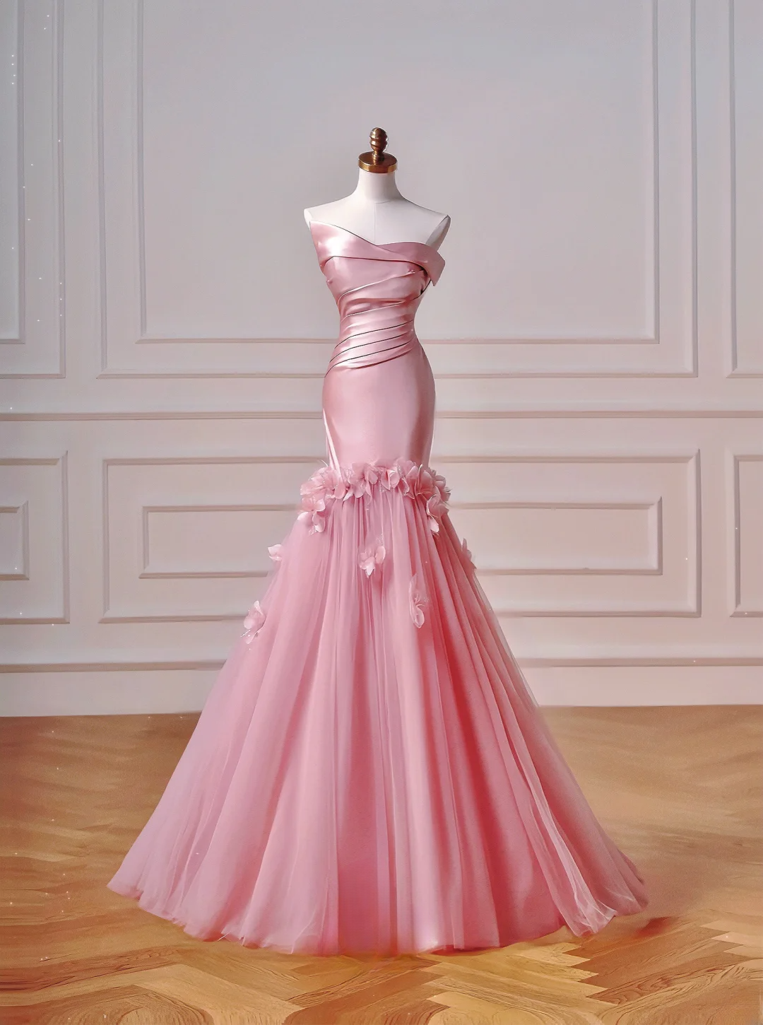 Elegantes, ästhetisches Meerjungfrauen-Kleid, trägerlos, rosa mit plissierten Blumen – Inspiration für ein beeindruckendes, langes, formelles Partykleid für Teenager und Gymnasien (AQ031)