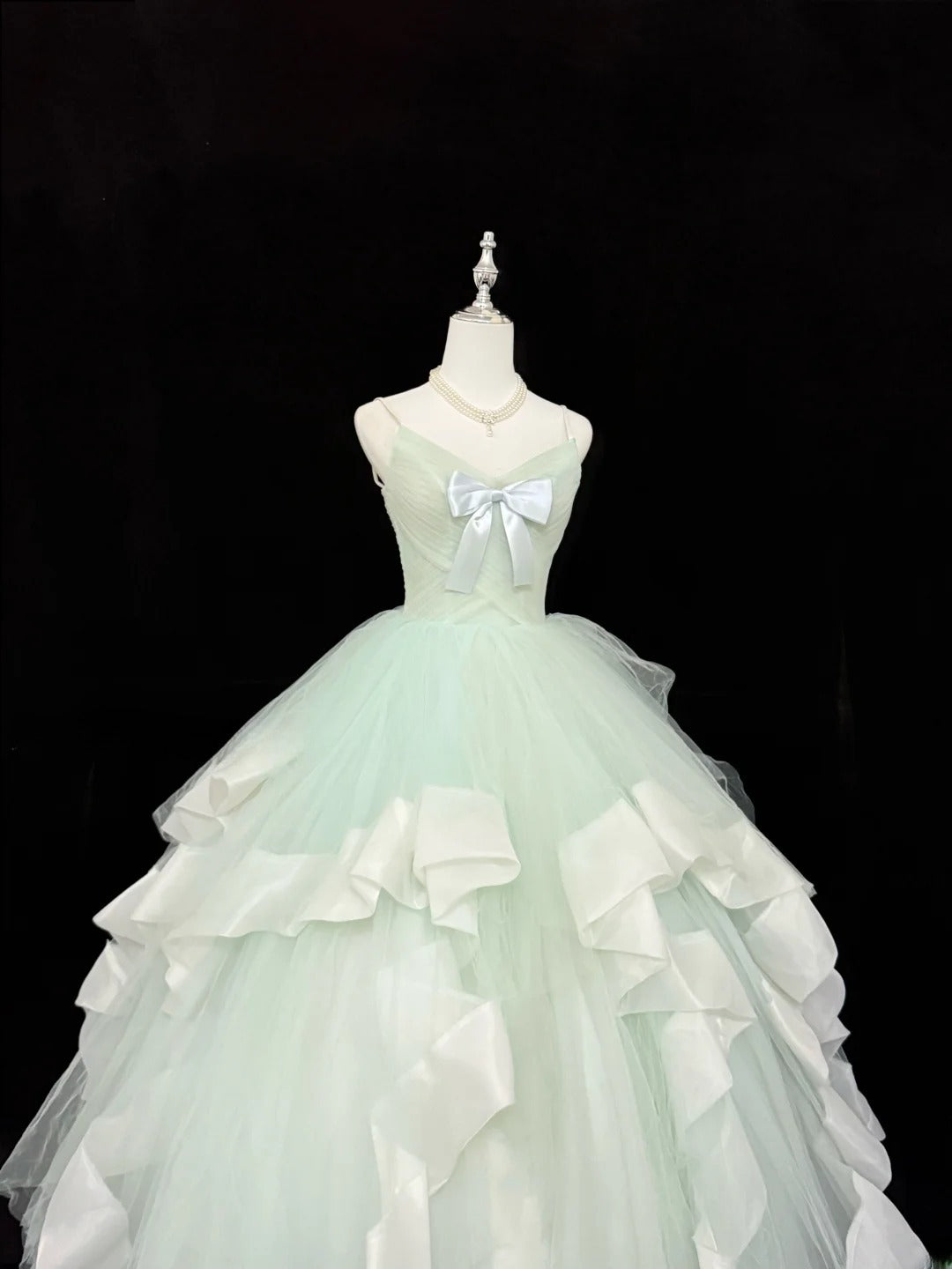 Magical Ball Gown Spaghetti Strap Mint Green Tulle With Ruffled Quince Dress Voluminous Sweet 16 Sweet Sixteen Outfits Vestido de RB7402