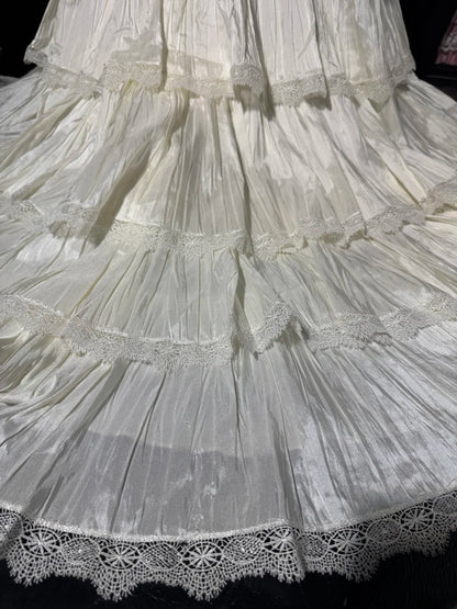 Timeless Women's A Line Strapless Sleeveless White Lace Tiered Satin Long Vintage Fitted 1920s Wedding Dresses AS031