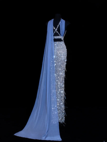 Affordable Sequin 1950s Formal Mermaid V Neck Halter Blue With Beads Style Impress Long Prom Dresses Party Formal Gowns SA031