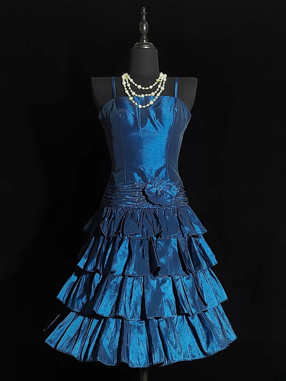 Vintage Ball Gown Spaghetti Strap Navy Blue Hoco Gowns Short 16th Birthday Dress Short Homecoming Dresses Cocktail Gown AS032