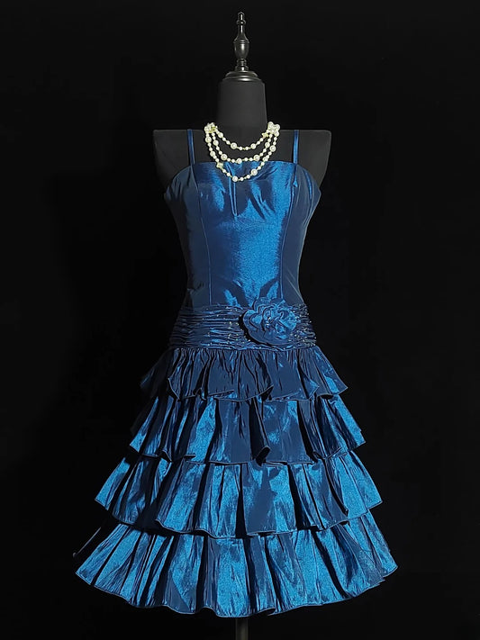 Vintage Ball Gown Spaghetti Strap Navy Blue Hoco Gowns Short 16th Birthday Dress Short Homecoming Dresses Cocktail Gown AS032