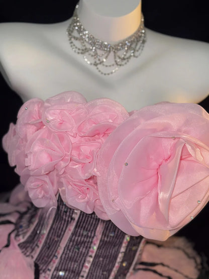 Cute Ball Gown Strapless Pink Tulle With Flower Tiered Layers Long Quinceanera Dress vestido de 15 de cenicienta RB3373