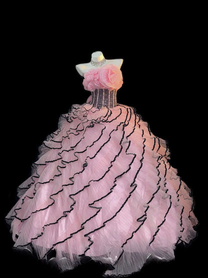 Cute Ball Gown Strapless Pink Tulle With Flower Tiered Layers Long Quinceanera Dress vestido de 15 de cenicienta RB3373