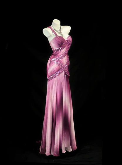 Classy Prom Dresses Mermaid One Shoulder Gradient Colors Pink Sleeveless With Beading Evening Dress Formal Outfits RB5841