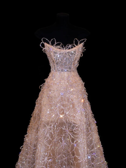 Modest Prom Dress Aesthetic Ball Gowns Strapless Blush Pink Sequins Style Impress Long Prom Dresses Party Formal Gowns SA032