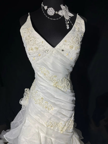 Elegantes, ärmelloses, langes, figurbetontes Brautkleid im Meerjungfrauenstil mit Spaghettiträgern aus weißer Spitze im Vintage-Stil der 1920er Jahre (AS032)